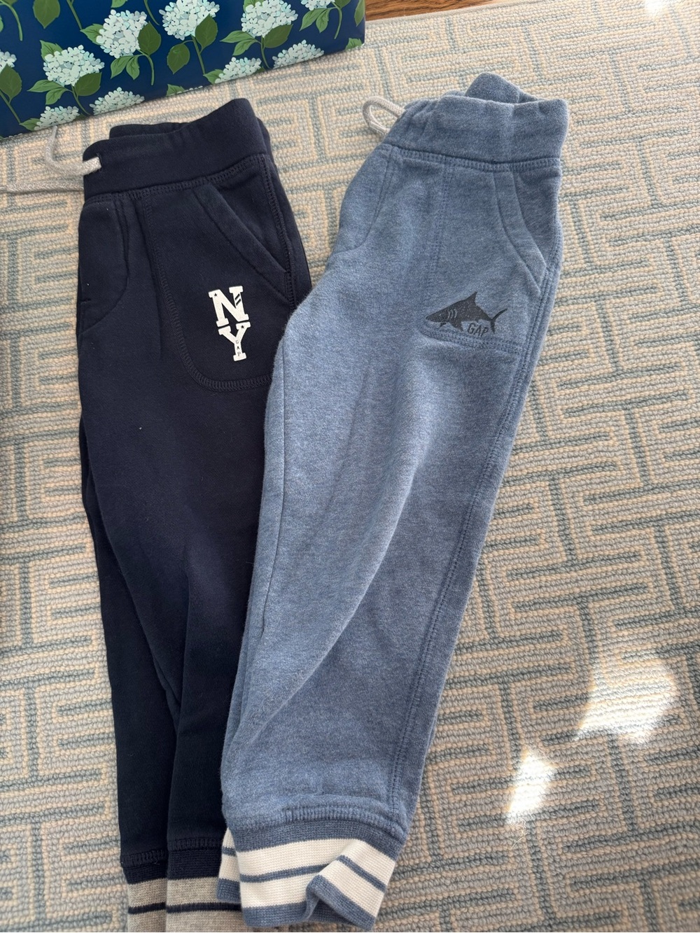 GAP Kids Two-Pack Joggers in Navy and Heather Blue with Shark and NY Logos